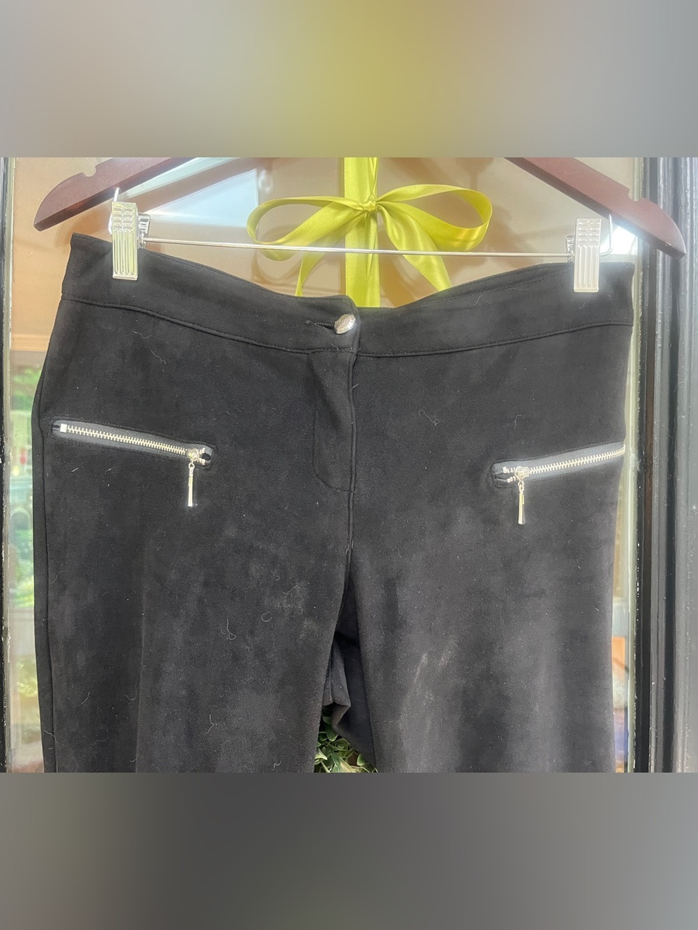 Yelete Black Suede-Look Pants with Silver Zippers